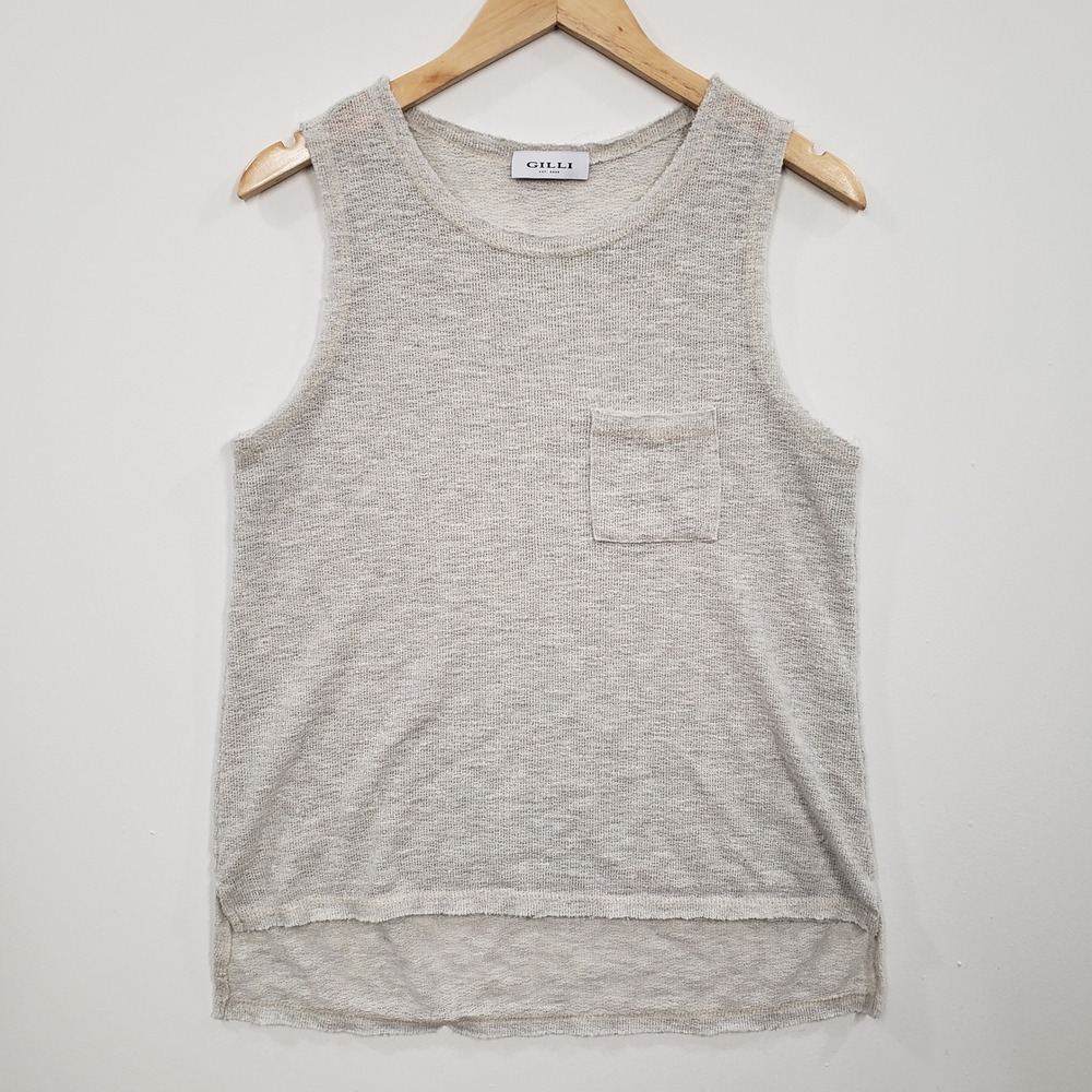 Gilli Womens Large Grey Marled Knit Sleeveless Pocket Tank Top High Low Basic